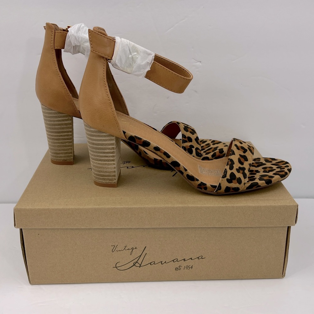 VINTAGE HAVANA,BEIGE & COFFEE LEOPARD PRINT OPEN TOE MIDTOP, ANKLE LOOP W/BUCKLE - Picture 4 of 14